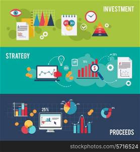 Business flat banner set with investment strategy proceeds charts isolated vector illustration