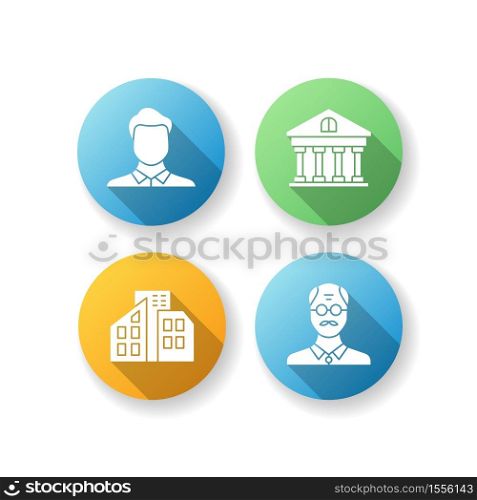 Business flat design long shadow glyph icons set. Man avatar. Middle age businessman. Real estate. Private property. Office buildings. Older corporate employee. Silhouette RGB color illustration. Business flat design long shadow glyph icons set