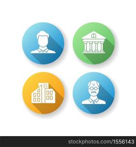 Business flat design long shadow glyph icons set. Man avatar. Middle age businessman. Real estate. Private property. Office buildings. Older corporate employee. Silhouette RGB color illustration. Business flat design long shadow glyph icons set