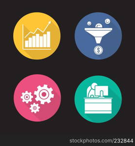 Business flat design long shadow icons set. Sales funnel, growth chart, cogwheels and office worker. Vector silhouette illustration. Business flat design long shadow icons set