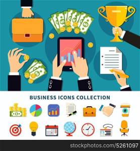 Business Flat Icons Collection. Business icon set of flat isolated emoji style finance alarm organizer and goal achievement pictogram images vector illustration
