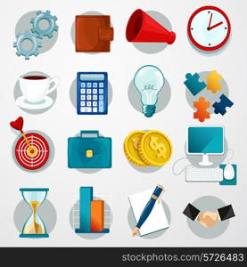 Business flat icons set with gears wallet megaphone clock isolated vector illustration