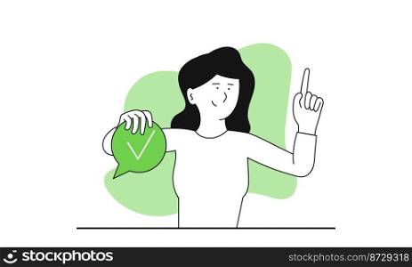 Business forum and woman holding bubble chat vector illustration concept. Person communication and social meeting. Corporate speech and internet conference. Community seminar and group discussion