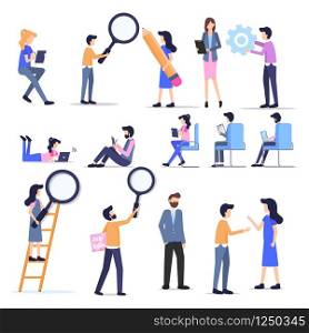 Business Freelance People Casual Character Set. Professional Hr Man Search Employee Corporate Staff with Magnifier. Businesswoman Diverse Person Collection Flat Cartoon Vector Illustration. Business Freelance People Casual Character Set