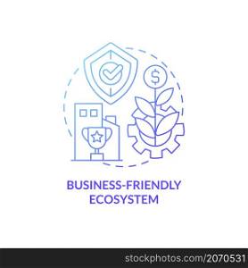 Business-friendly ecosystem blue gradient concept icon. Innovation capabilities abstract idea thin line illustration. Financial hub. Isolated outline drawing. Roboto-Medium, Myriad Pro-Bold fonts used. Business-friendly ecosystem blue gradient concept icon