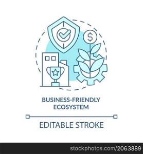 Business-friendly ecosystem turquoise concept icon. Economic stability abstract idea thin line illustration. Isolated outline drawing. Editable stroke. Roboto-Medium, Myriad Pro-Bold fonts used. Business-friendly ecosystem turquoise concept icon