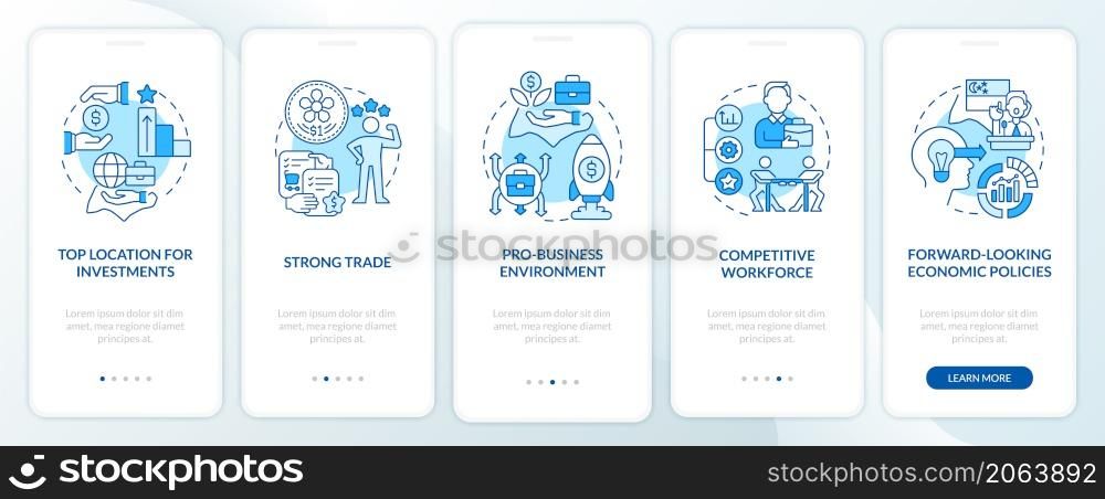 Business-friendly Singapore blue onboarding mobile app screen. Walkthrough 5 steps graphic instructions pages with linear concepts. UI, UX, GUI template. Myriad Pro-Bold, Regular fonts used. Business-friendly Singapore blue onboarding mobile app screen