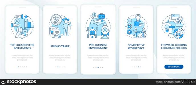Business-friendly Singapore blue onboarding mobile app screen. Walkthrough 5 steps graphic instructions pages with linear concepts. UI, UX, GUI template. Myriad Pro-Bold, Regular fonts used. Business-friendly Singapore blue onboarding mobile app screen