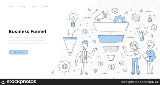 Business funnel website with people team and sales funnel. Vector landing page of internet marketing strategy with doodle illustration of diagram of online customer traffic management. Business funnel, internet marketing strategy