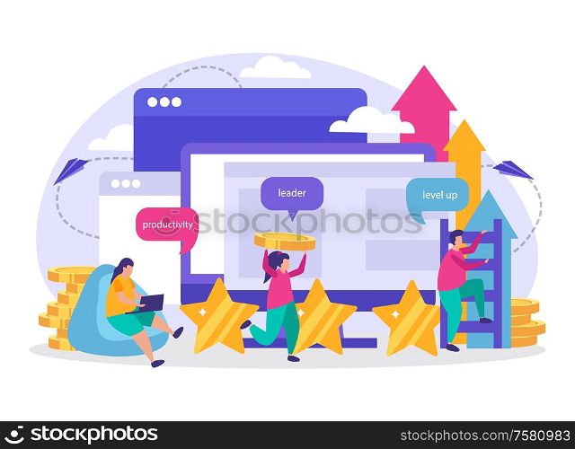 Business gamification flat composition with icons representing productivity leadership level up elements vector illustration