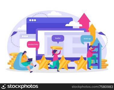 Business gamification flat composition with icons representing productivity leadership level up elements vector illustration