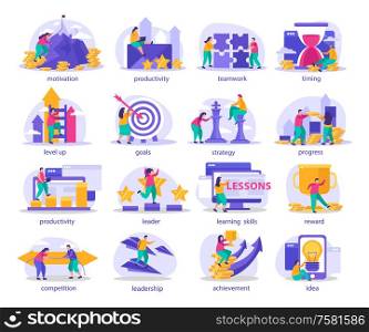 Business gamification flat icons with caption including motivation productivity leadership idea strategy competition reward goals vector illustration