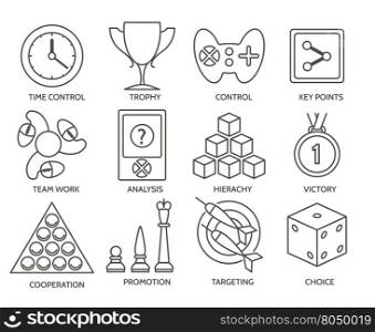 Business gamification icons. Business gamification icons. Business fun competition game signs. Vector illustration