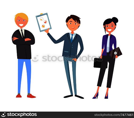Business gathering, meeting of people at work vector. People with good mood, businessman and businesswoman, discussing details of company project. Business Gathering, Meeting of People at Work