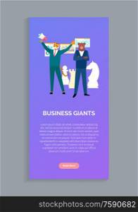 Business giants tiger and beer in boss suits isolated animals in human cloth. Vector hipsters, chess prans, diagrams, charts and statistical data. Website or webpage template, landing page flat style. Business Giants Tiger and Beer Boss Suits Isolated