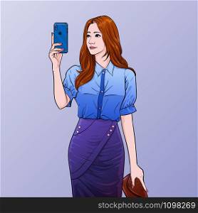 Business girl Selfie with mobile phone Pretty woman posed for herself Illustration vector On pop art comics style Abstract dots background