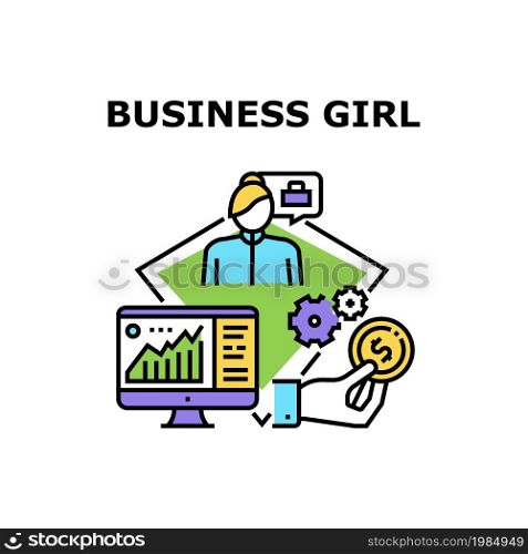 Business Girl Vector Icon Concept. Business Girl Professional Occupation And Goal Achievement. Researching Financial Infographic And Trade Market Chart On Computer Color Illustration. Business Girl Vector Concept Color Illustration
