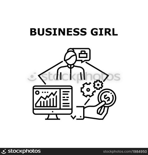 Business Girl Vector Icon Concept. Business Girl Professional Occupation And Goal Achievement. Researching Financial Infographic And Trade Market Chart On Computer Black Illustration. Business Girl Vector Concept Black Illustration