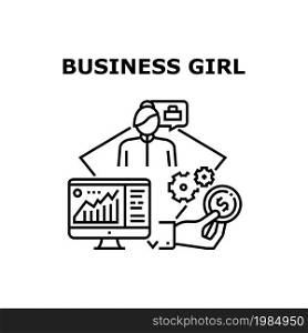 Business Girl Vector Icon Concept. Business Girl Professional Occupation And Goal Achievement. Researching Financial Infographic And Trade Market Chart On Computer Black Illustration. Business Girl Vector Concept Black Illustration