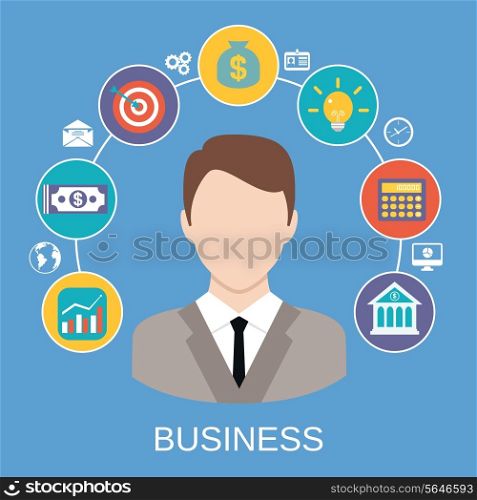 Business global market profit gain concept with broker money growth diagram icons vector illustration