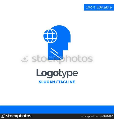 Business, Globe, Head, Mind, Think Blue Solid Logo Template. Place for Tagline