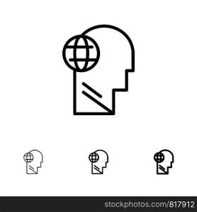 Business, Globe, Head, Mind, Think Bold and thin black line icon set