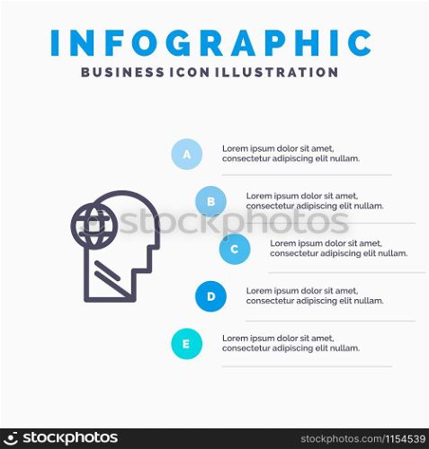 Business, Globe, Head, Mind, Think Line icon with 5 steps presentation infographics Background