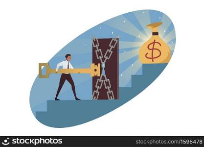 Business, goal achievement, money profit concept. Confident businessman clerk leader manager character unlock closed door wit big key to get dollar currency bag. Career growth and overcoming obstacles. Business, goal achievement, money profit concept