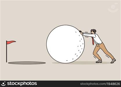 Business goal and achieving concept. Young active businessman cartoon man rolling huge ball to goal with red finish flag vector illustration. Business goal and achieving concept