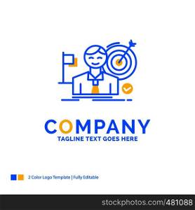 business, goal, hit, market, success Blue Yellow Business Logo template. Creative Design Template Place for Tagline.