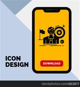 business, goal, hit, market, success Glyph Icon in Mobile for Download Page. Yellow Background. Vector EPS10 Abstract Template background