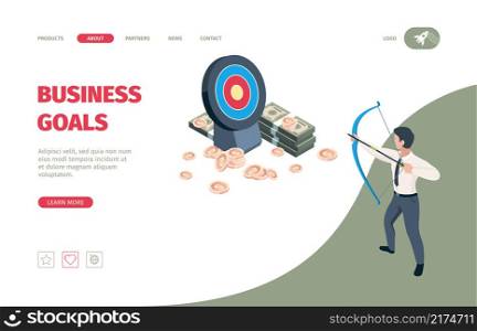 Business goal. Manager archer holding bow and shooting to target finance goals career performance garish vector isometric concept. Illustration business goal, archer aiming. Business goal. Manager archer holding bow and shooting to target finance goals career performance garish vector isometric concept