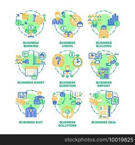 Business Goal Set Icons Vector Color Illustrations. Business Vision, Solutions And Realization, Event And Deal Agreement, Banking And Office Building, Question And Report. Color Illustrations. Business Goal Set Icons Vector Color Illustrations