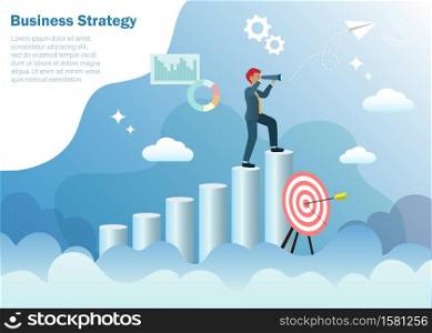 Business goal, vision and strategy concept.Businessman standing at top of graph in cloudy sky with binocular searching for successful target direction of strategic solution and growth financial profit