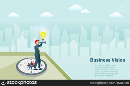 Business goal, vision and strategy concept. Businessman standing on compass at top of buildings with binocular and lightbulb searching for successful strategic direction