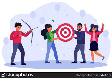 Business goals concept, Team doing archery, aiming arrow at target, celebrating success. Vector illustration for strategy, challenge, achievement concept.