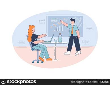 Business goals semi flat vector illustration. Office colleagues, company workers 2D cartoon characters for commercial use. Professional accounting service, company development strategy planning. Business goals semi flat vector illustration