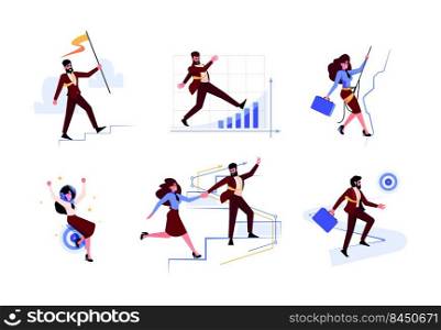 Business goals. Successful managers team and bosses moving to goals diversity targets job active journey garish vector business concept characters. Illustration of business success team. Business goals. Successful managers team and bosses moving to goals diversity targets job active journey garish vector business concept characters