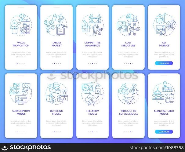 Business gradient onboarding mobile app page screen set. Company structure walkthrough 5 steps graphic instructions with concepts. UI, UX, GUI vector template with linear color illustrations. Business gradient onboarding mobile app page screen set