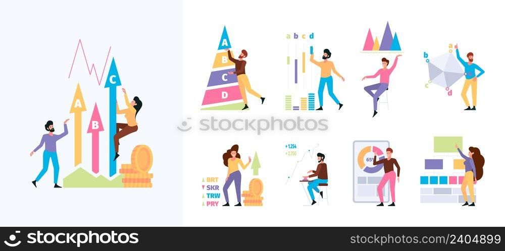 Business graph. Business people with benchmarks strategy marketing compare diagram evaluation procedures garish vector flat pictures. Business strategy management and brainstorming illustration. Business graph. Business people with benchmarks strategy marketing compare diagram evaluation procedures garish vector flat pictures