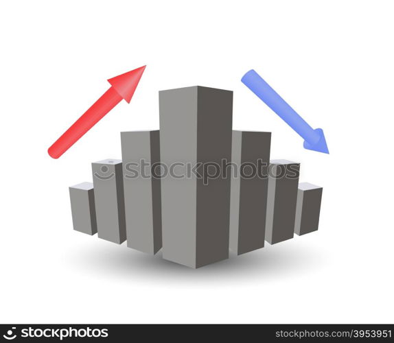 Business graph with growth, up arrow, down arrow, lifting sales, recession funding, vector graphics