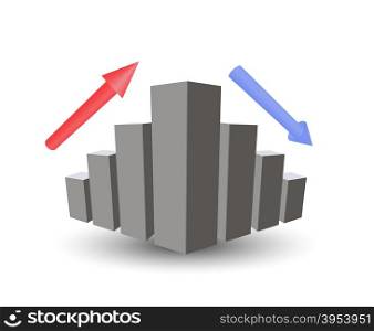 Business graph with growth, up arrow, down arrow, lifting sales, recession funding, vector graphics