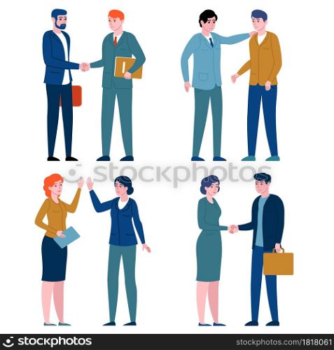 Business greeting people. Office employees greet with gestures, corporate colleagues shake hands, give five, clap on shoulder. Successful men and women in teamwork vector set. Business greeting people. Office employees greet with gestures, corporate colleagues shake hands, give five, clap on shoulder. Vector set