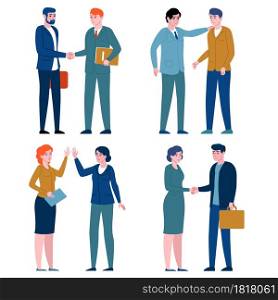 Business greeting people. Office employees greet with gestures, corporate colleagues shake hands, give five, clap on shoulder. Successful men and women in teamwork vector set. Business greeting people. Office employees greet with gestures, corporate colleagues shake hands, give five, clap on shoulder. Vector set