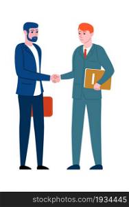 Business greeting people. Office employees in suits greet with gestures, corporate colleagues shake hands on diplomacy meeting. Successful men in teamwork, vector cartoon flat isolated illustration. Business greeting people. Office employees in suits greet with gestures, corporate colleagues shake hands on meeting. Successful men in teamwork, vector cartoon flat isolated illustration