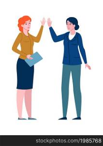 Business greeting people. Office employees in suits greet with gestures, corporate colleagues give five on diplomacy meeting. Successful women in teamwork, vector cartoon flat isolated illustration. Business greeting people. Office employees in suits greet with gestures, corporate colleagues give five on meeting. Successful women in teamwork, vector cartoon flat illustration