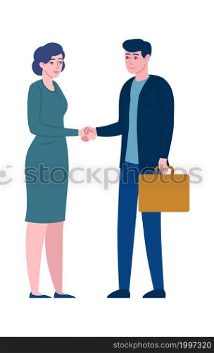 Business greeting people. Office employees man and woman greet with gestures, corporate colleagues in suits shake hands on meeting. Successful character in teamwork, vector isolated illustration. Business greeting people. Office employees man and woman greet with gestures, corporate colleagues in suits shake hands on meeting. Teamwork vector isolated illustration
