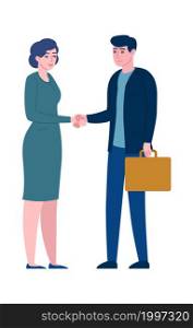 Business greeting people. Office employees man and woman greet with gestures, corporate colleagues in suits shake hands on meeting. Successful character in teamwork, vector isolated illustration. Business greeting people. Office employees man and woman greet with gestures, corporate colleagues in suits shake hands on meeting. Teamwork vector isolated illustration