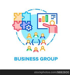 Business Group Vector Icon Concept. Managing Company Workers Group And Team Work, Employee Financial Profit Report On Meeting Or Sales Planning. Human Resources And Cooperation Color Illustration. Business Group Vector Concept Color Illustration
