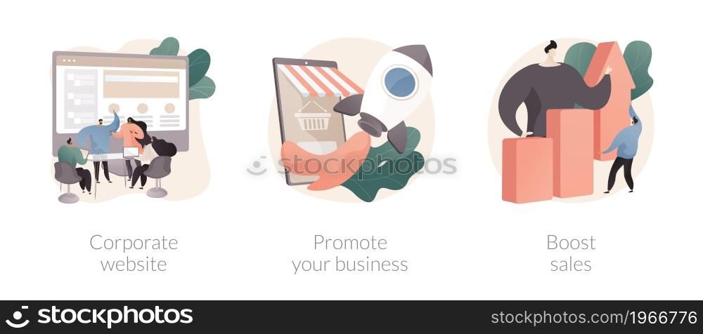 Business growth abstract concept vector illustration set. Corporate website, promote your business, boost sales, product digital marketing, entrepreneur self-promotion, sales plan abstract metaphor.. Business growth abstract concept vector illustrations.